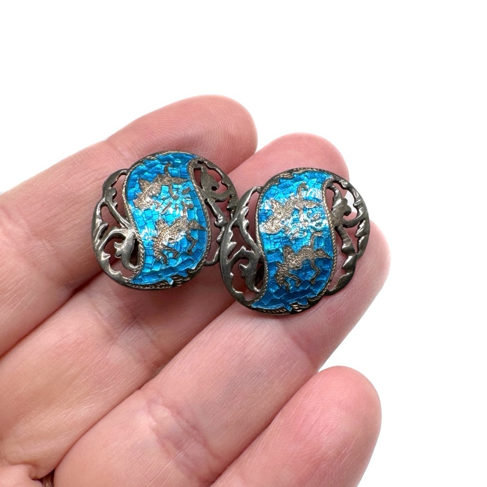 Vintage Siam Silver and Blue Enamel Brooch Earring Set Thai God and Goddess - Picture 6 of 13